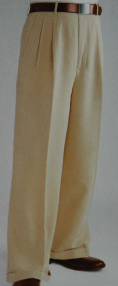 Tan ~ Beige Wide Leg Dress Pants Pleated baggy dress trousers unhemmed unfinished bottom - Cheap Priced Dress Slacks For Men On Sale