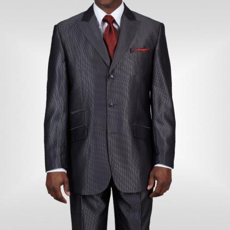 Ticket Pocket 3 Button Peak Lapel Dark Gray Sharkskin Shiny Metallic Jacket & Pants Cheap Priced Business Suits Clearance Sale