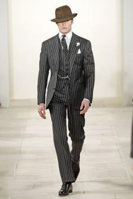 2 Button Black and Bold Chalk Gangster White Stripe Vested Big 1920 1930 Suit Flat Front pants Pants