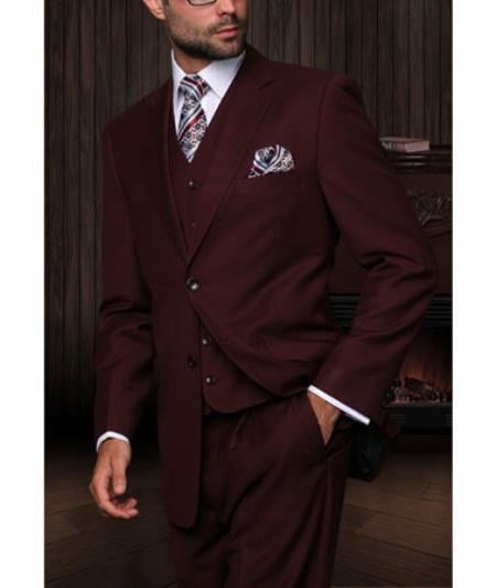 Statement Confidence Men's Burgundy ~ Wine ~ Maroon Suit  3 Piece 2 Button Italian Designer Fine Brands Best Italian Style Cut Suits