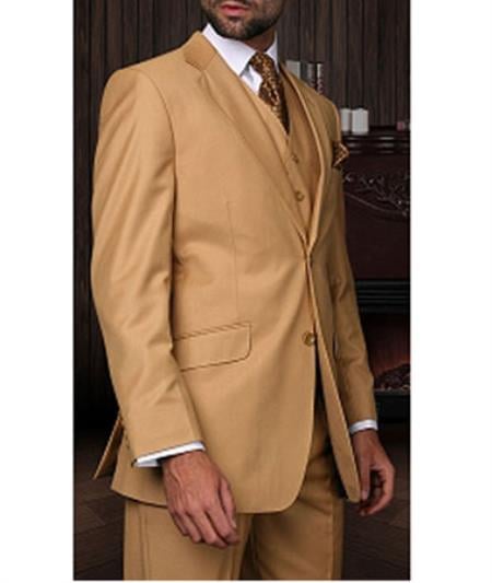 Statement Confidence Men's Camel 3 Piece 2 Button Italian Designer Fine Brands Best Italian Style Cut Suits