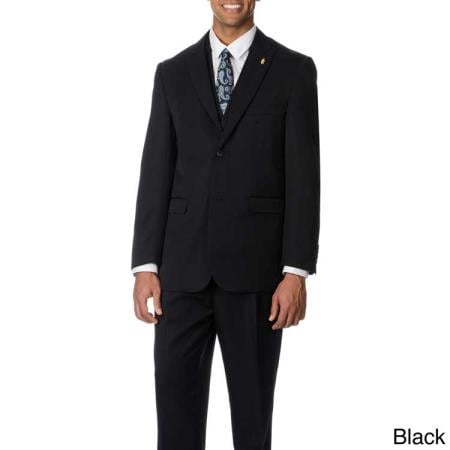 Men's Black Notch collar Two Button Three Piece Pleated Pants