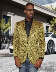 Alberto Nardoni Gold Floral Paisley Shiny Satin Stage Party Two Toned Blazer / Sport coat / Dinner Jacket