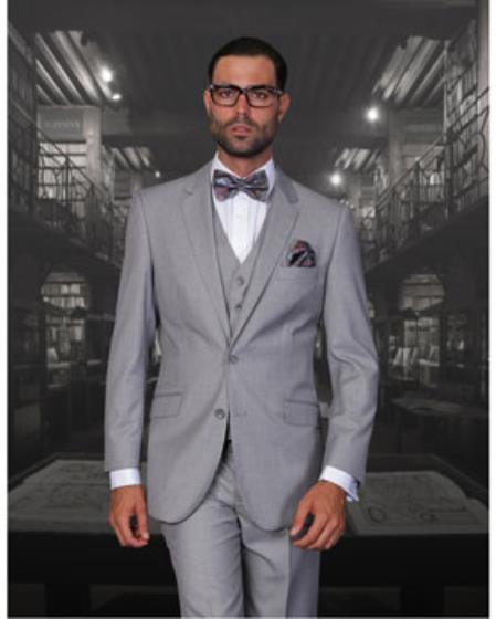 Statement Confidence Men's Solid Grey 2 Button Modern Fit Suits 3 Piece Wool Fine Brands Best Italian Style Cut Suits