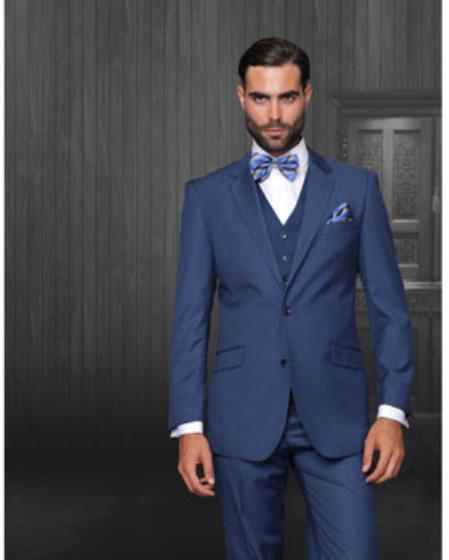 Statement Confidence Men's Indigo ~ Bright Blue 2 Button Modern Fit Suits Wool Fine Brands Best Italian Style Cut Suits