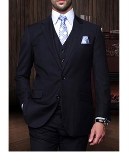 Statement Confidence  Men's Dark Navy 3 Piece 2 Button Italian Designer Fine Brands Best Italian Style Cut Suits