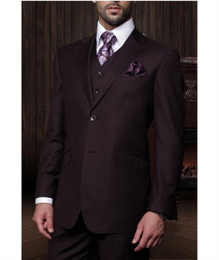 Statement Confidence Men's Plum 3 Piece 2 Button Italian Designer Fine Brands Best Italian Style Cut Suits