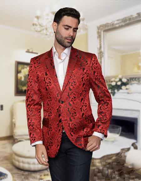 Men's Floral Sateen Unique Paisley  Sport Coat/Fancy Stage Party Two Toned Cheap Priced Blazer Jacket For Men / Dinner Men's Jacket Red / Sport coat