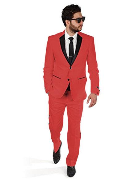 2BW2 Men's 2 Button Red Tuxedo with Black Satin Lapel and Red Flat Front Pants