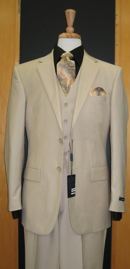 Groomsmen Suits Two Button Sand ~ Beige Khaki Color Flat Front three piece suit