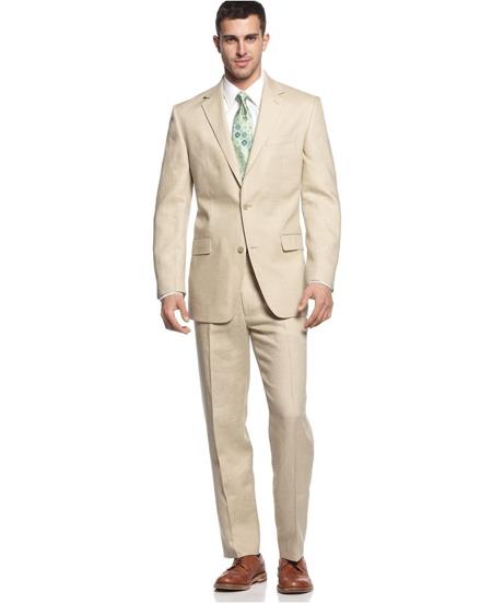 Two Button Pure Linen Suit Solid Tan ~ Beige - Mens Linen Suit