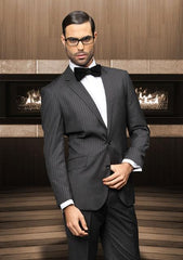 TZBer Pick Stitch Collar Slanted Pocket 2 Button Black On Black Shadow Stripe ~ Pinstripe Suit