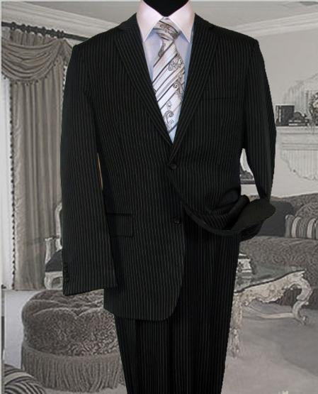 Black With White Pinstripe Conversative 2 Button Flat Front Men's Suit