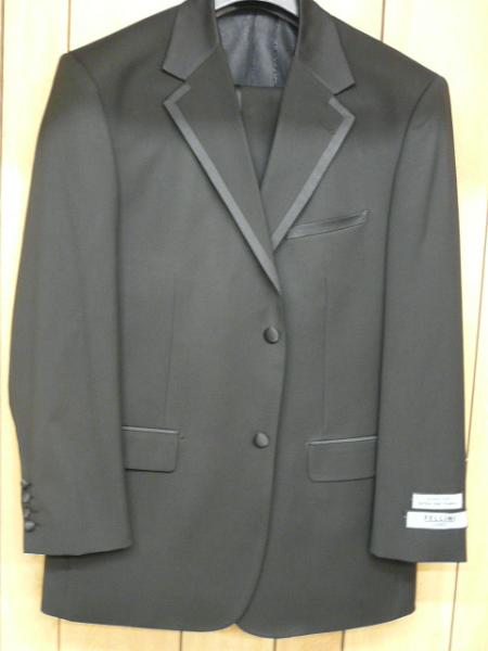 2 Button Solid Black Tuxedo with Black Trim No pleated pants Wool Suit