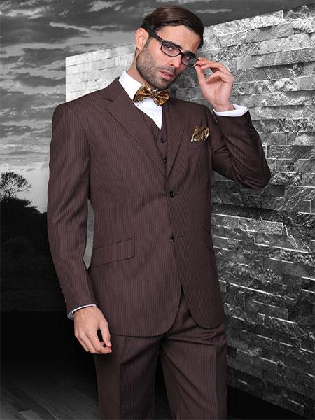 Classic 3 Piece 2 Button Brown Stripe ~ Pinstripe Suit Extra Fine Italian Fabric