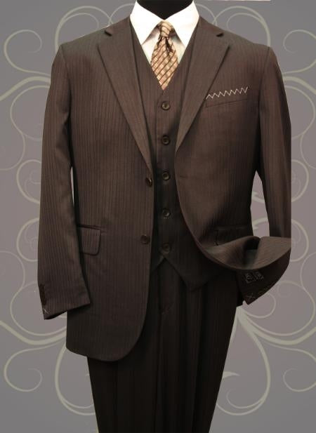 Classic Vested 3 Pieces 2 Button Dark Brown Stripe ~ Pinstripe Men's Suit  Discounted Sale