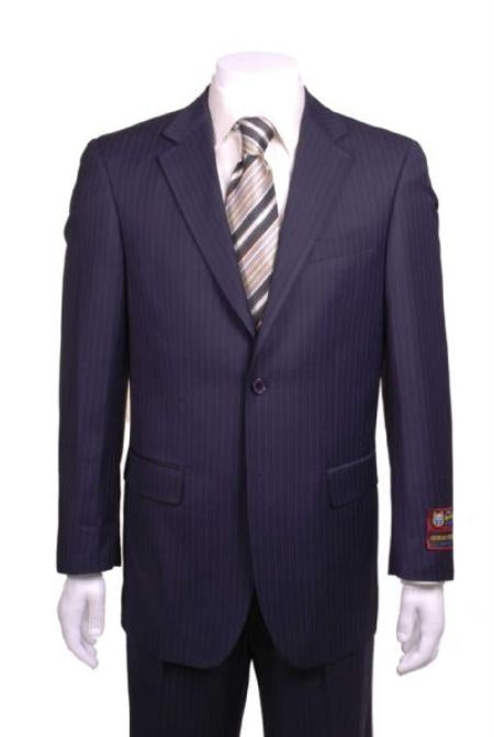 Stripe ~ Pinstripe Modern Fit Suits 2 Button Vented without pleat flat front Pants Dark Navy Blue  Suit For Men