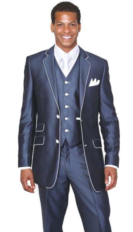 Men's White Trim Lapel Slim Fitted Ticket Pocket Suit 2 Button 3 Piece Church Suit Dark Navy