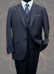 Mens Three Piece Suit - Vested Suit Classic Vested 3 Piece 2 Button Dark Navy Mini Pinstripe Men's Suit Flat Front Pants