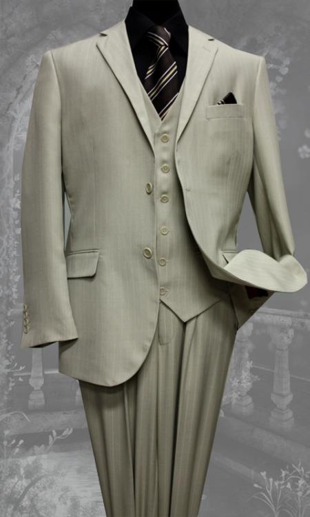 2 Button Vested 3 Piece Tan Beige Pinstripe Suit