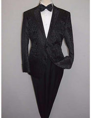 Men's Shiny 2 Buttons Notch Collar Floral Paisley Formal Black Blazer