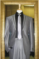 2 Button Silver Tuxedo Formal Looking Slim Fit Suit with Taping on the Lapels