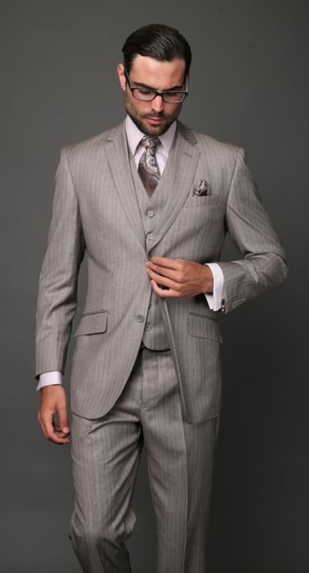 Classic 3PC 2 Button Tan ~ Beige Pinstripe three piece suit Super 150's Extra Fine Italian Fabric