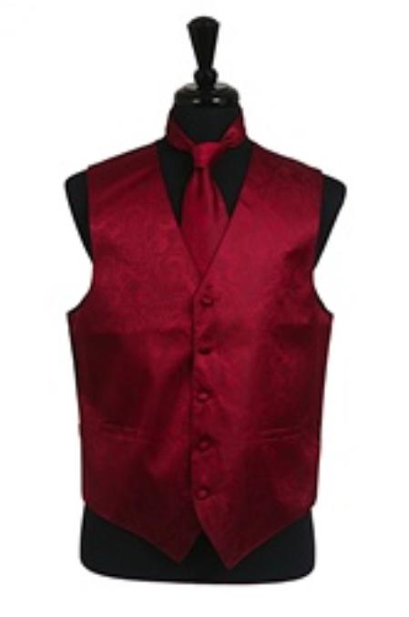 Tuxedo Vest - Wedding Vest Burgundy ~ Maroon ~ Wine Color paisley Waist coat Tie Set  - Men's Neck Ties - Mens Dress Tie - Trendy Mens Ties