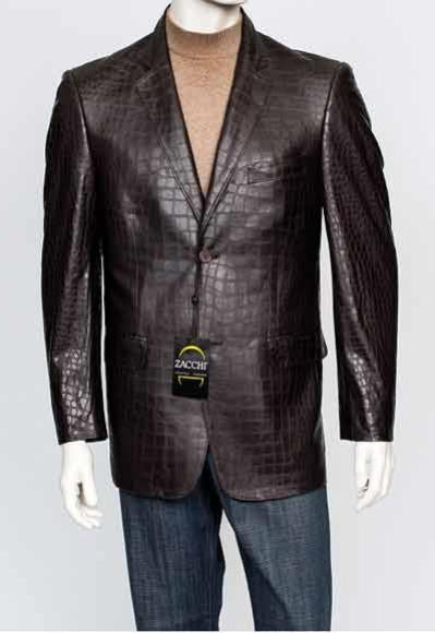 Zacchi Men's Italian Cut  Men's Alligator Jacket Print Genuine Leather Feel 2 Button 29881 Brown Crocodile Print Blazer Available in Big and Tall