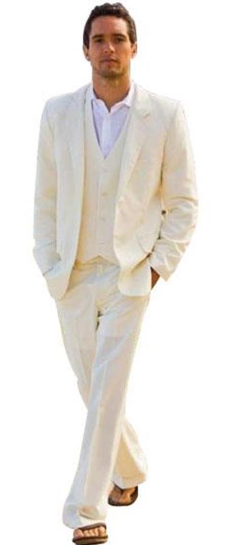 Alberto  Nardoni Ivory ~ Cream ~ Off White 2 Button Vested 3 Piece Suit Light Flat Front (Wholesale Price $95 (20PC&UPMinimum)) - 100% Percent Wool Fabric Suit - Worsted Wool Business Suit