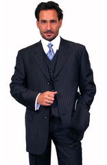 100% Wool Vested Dark Navy Blue Suit For Men - Navy Blue Pinstripe Suit