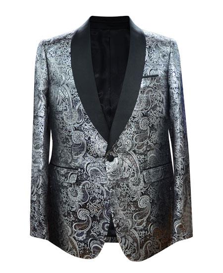 Men's Silver 1 Button Velvet Slim Fit Casual Blazer On Sale