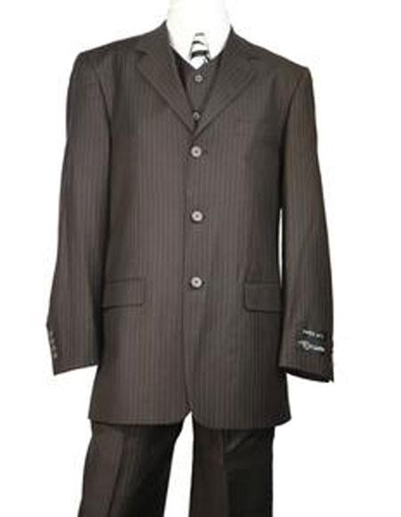 Very Dark Brown ~ Almost Charcoal Black With Pinstripe ~ Stripe 100% Wool Pleated Pants Three / 3 Buttons Vested Cheap Priced Business Suits Clearance Sale