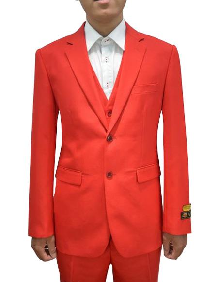 Men's Red Flap Two Pockets Vested 3 Piece Suit