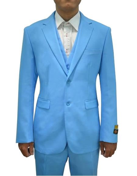 Men's Turquoise One Chest Pocket Vested 3 Piece Suit