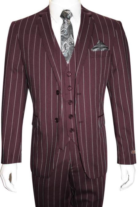 Men's Bold Gangster 1920s Burgundy  Suit Vintage Dark Burgundy ~ White Gangster Bold Stripe 2 Button Vested Suit  Black and Bold White Stripe (MO845)