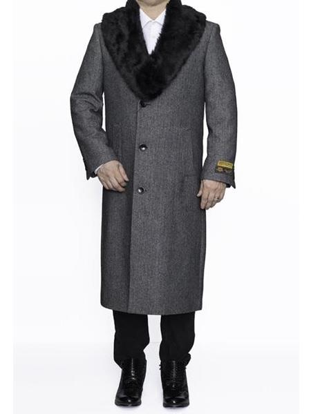 Mens Topcoat Mens Dress Coat  Removable Fur Collar Full Length Wool Herringbone Grey  Top Coat ~ Overcoat