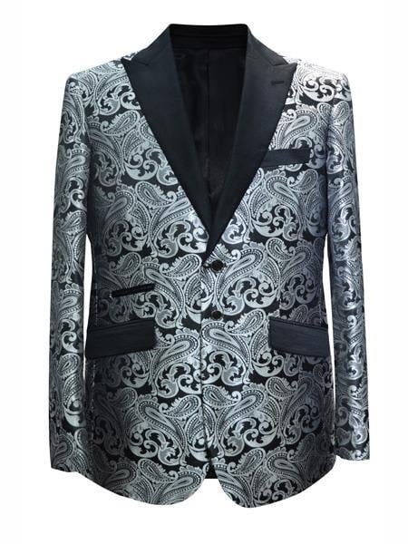 Men's Grey ~ Gray Silver Black / White Paisley Pattern  Blazer