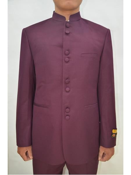 Men's Eight Button Mandarin Banded Collar Burgundy Suits