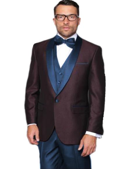 Alberto Nardoni Burgundy ~ Plum And Dark Navy Blue Lapel Burgundy  Suit  Tuxedo Vested 3 Piece Suit Wedding / Prom / Party Suit