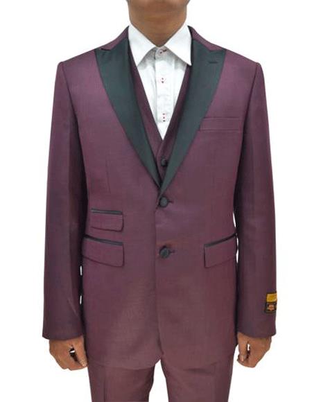 2 Button Peak Lapel Tuxedo Ticket Pocket Vested 3 Pieces Flat Front Pants Burgundy