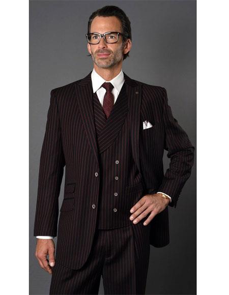 Men's Black ~ Red  Two Button Striped Pattern Suit