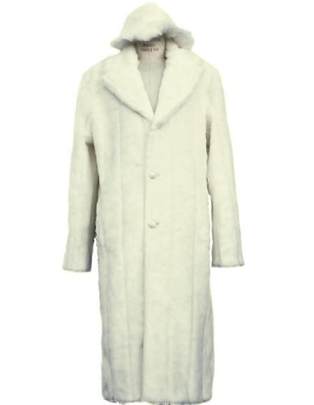 Men's Long Length Faux Fur Coat Full Length Overcoat ~ Long Men's Dress Topcoat -  Winter coat + Matching Hat Off White