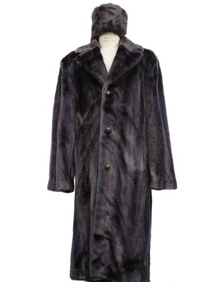 Men's Long Length Faux Fur Coat Full Length Overcoat ~ Long Men's Dress Topcoat -  Winter coat+ Matching Hat Brown