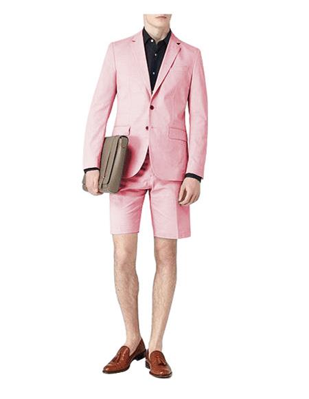 Mens Short Pants Suit Set Mens Two Button  Suit For Men Pink