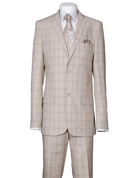 Men's Plaid Window Pane Pattern Suit Side Vent Regular Fit Tan Affordable - Discounted Priced On Clearance Sale