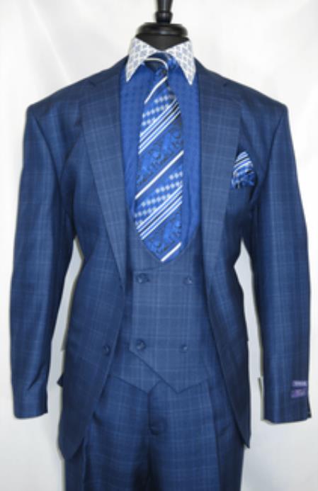 Vinci #V2Rw-7 -Blue.Plaid- Vested Men's Checkered Suit