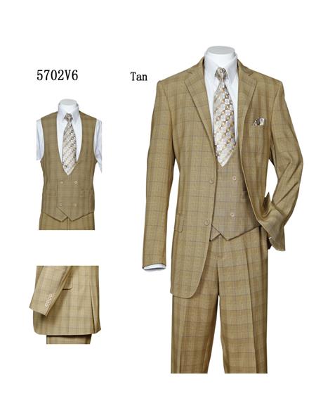 Men's Tan Double Breasted Vested 3 Piece Checkered Suit