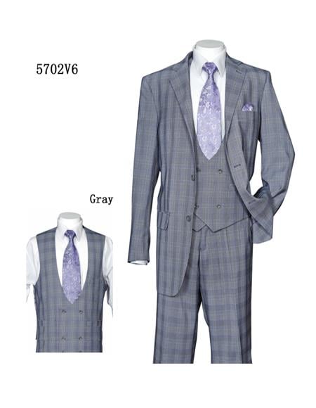 Men's Gray Plaid ~ Windowpane Notch Label Vested Suit