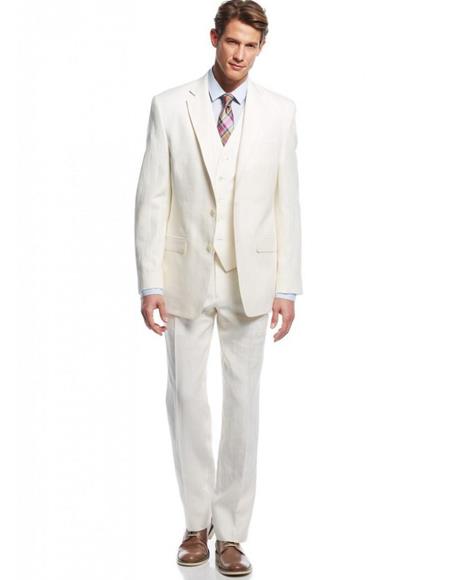 Linen Fabric Ivory Cream Vested 3 Piece Suit 2 Button Suit